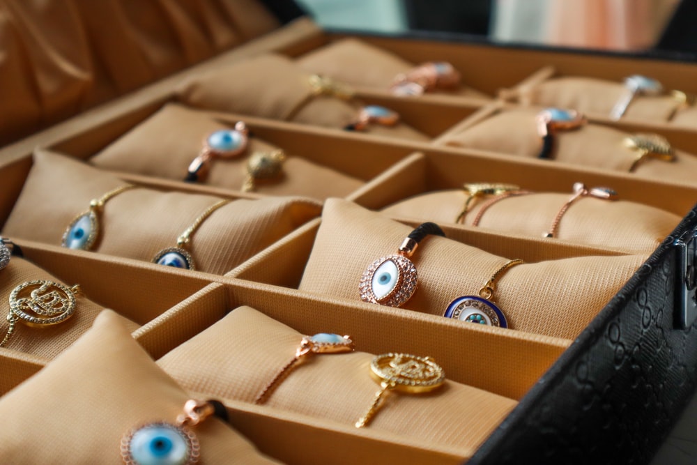 a box filled with lots of different types of rings