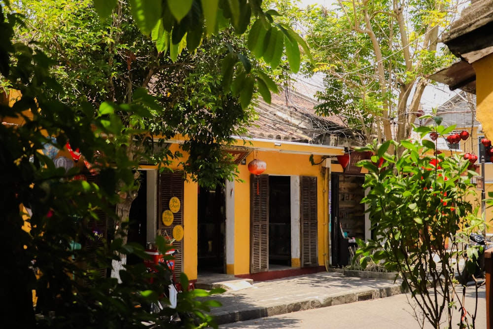 Un edificio amarillo con un árbol frente a él