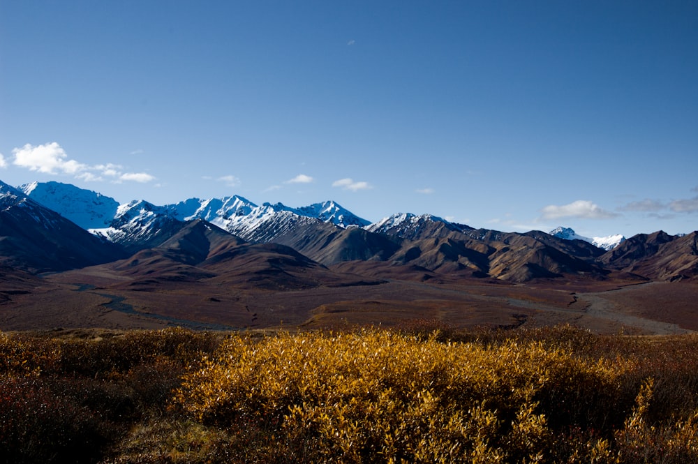 a mountain range with snow capped mountains in the background