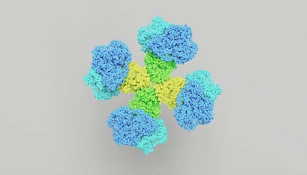 a bunch of blue and green flowers on a gray background