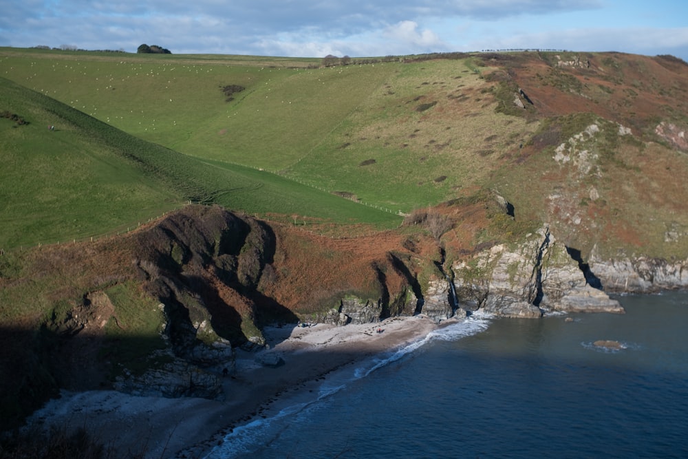 an aerial view of a grassy area with a body of water in the foreground