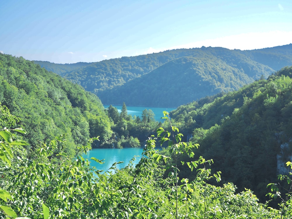 a scenic view of a river surrounded by mountains