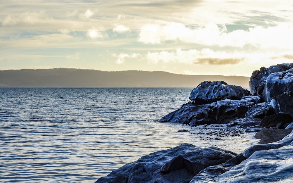 a person standing on a rocky shore next to a body of water