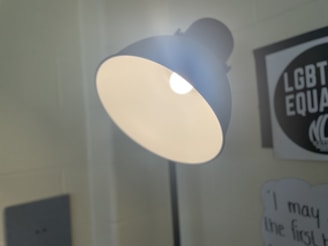 A close-up view of a floor lamp with a wide, conical shade is illuminating the space. A poster on the wall features bold text promoting equality, though the full message is obscured. The background shows a slightly blurred effect.