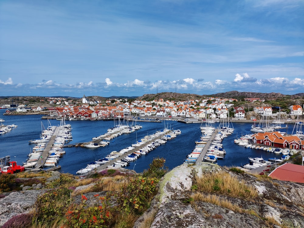 a harbor filled with lots of boats on top of a hill