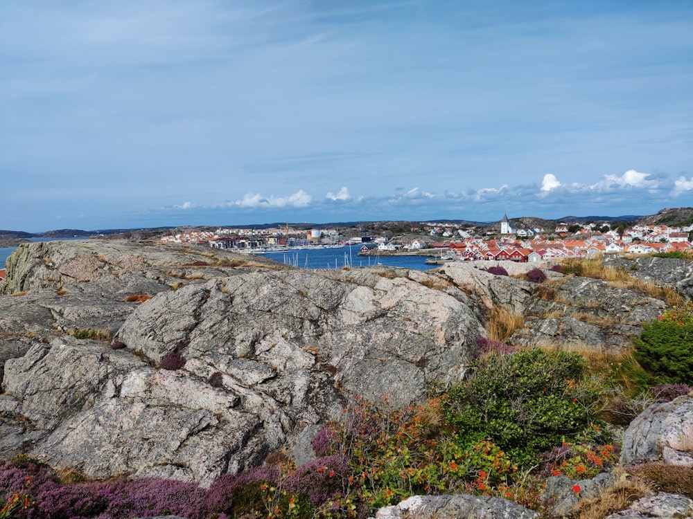 a view of a small town from a rocky outcropping