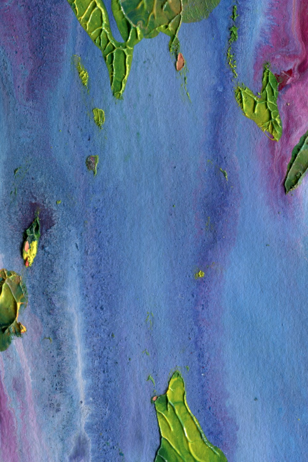 a close up of a painting of water and plants