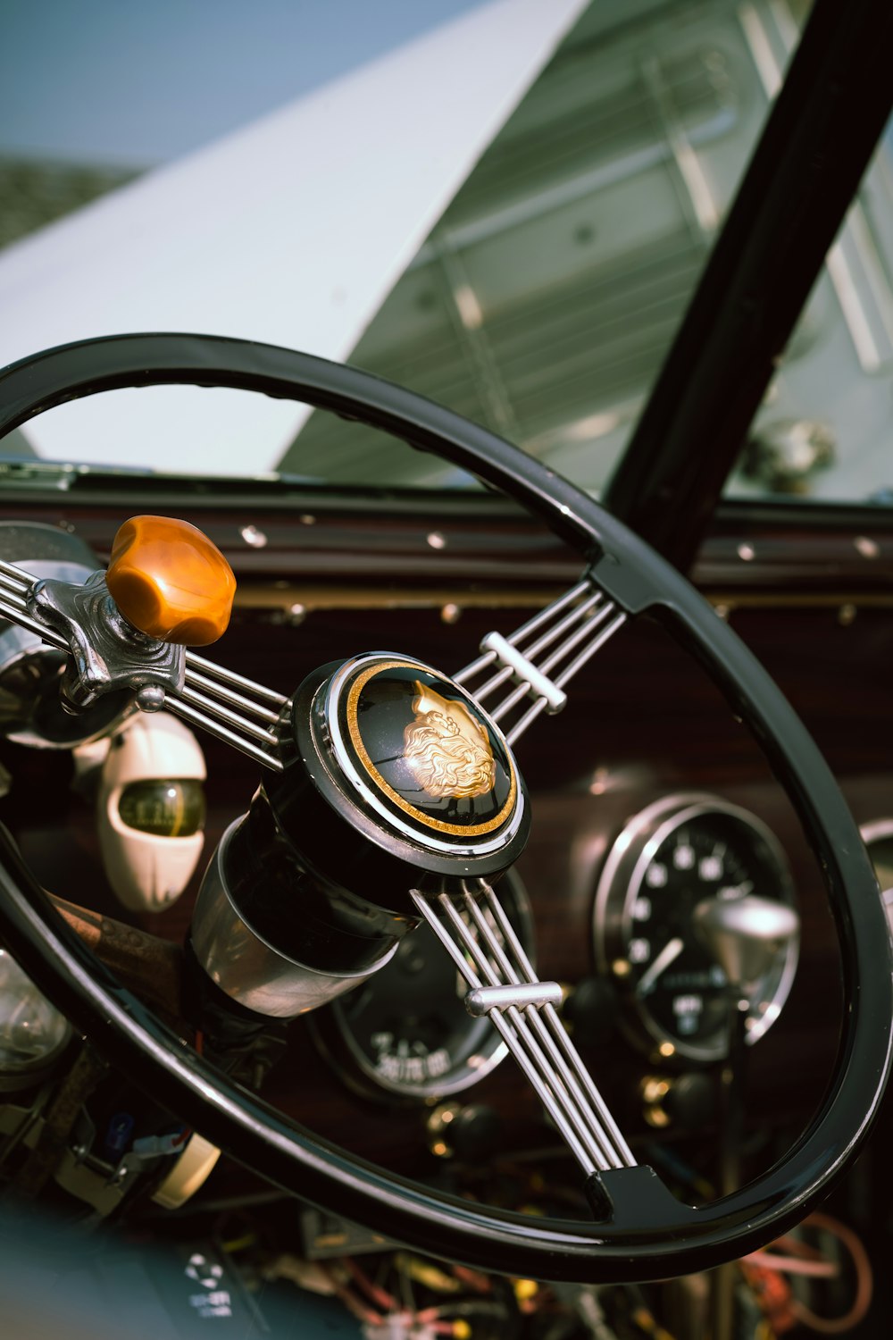 a steering wheel and dashboard of a car