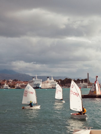 Several small sailboats with young sailors take part in a sailing activity on a body of water. The background features a cityscape with multiple large ships docked at a harbor. The sky is overcast, indicating cloudy weather.