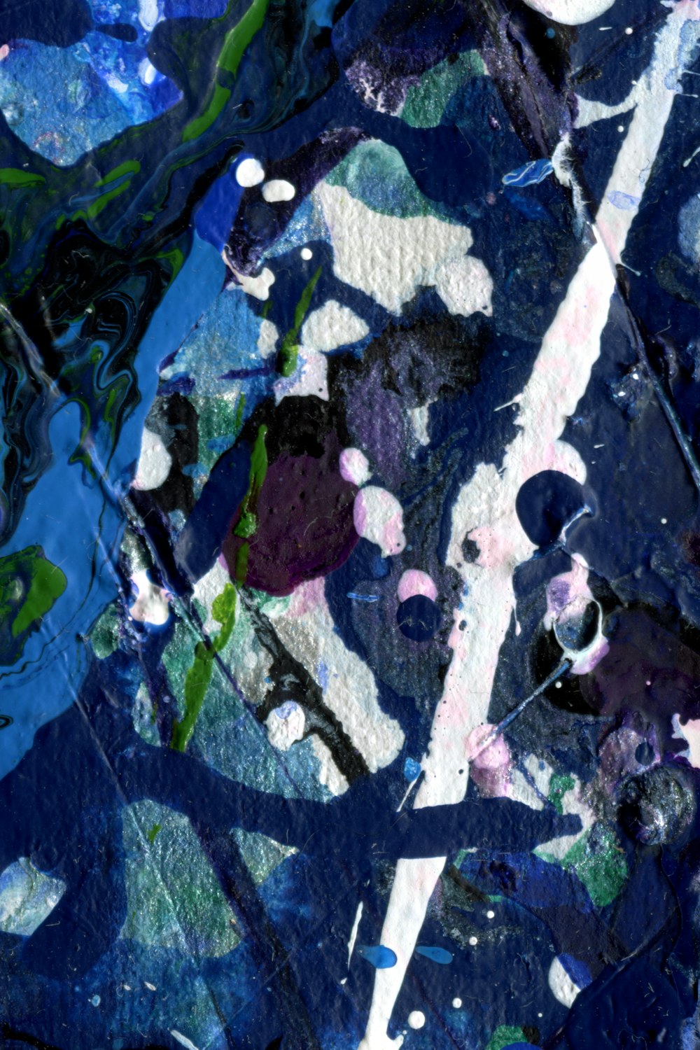an abstract painting of blue, green, purple, and white