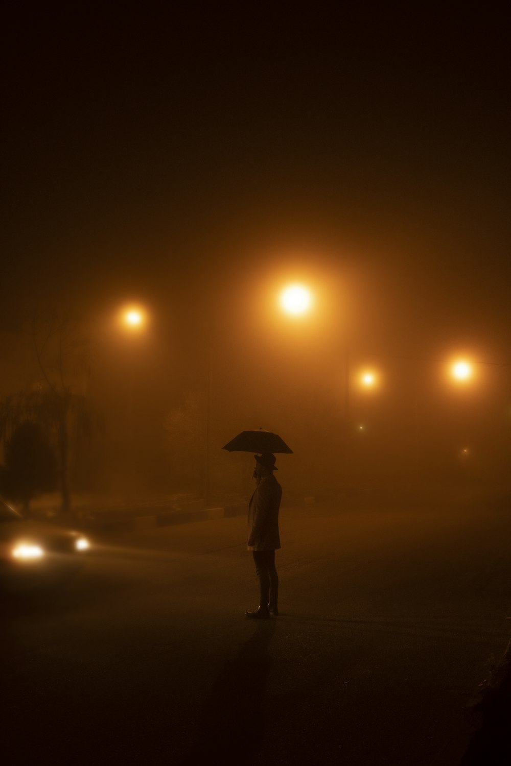 a person with an umbrella standing on a foggy street