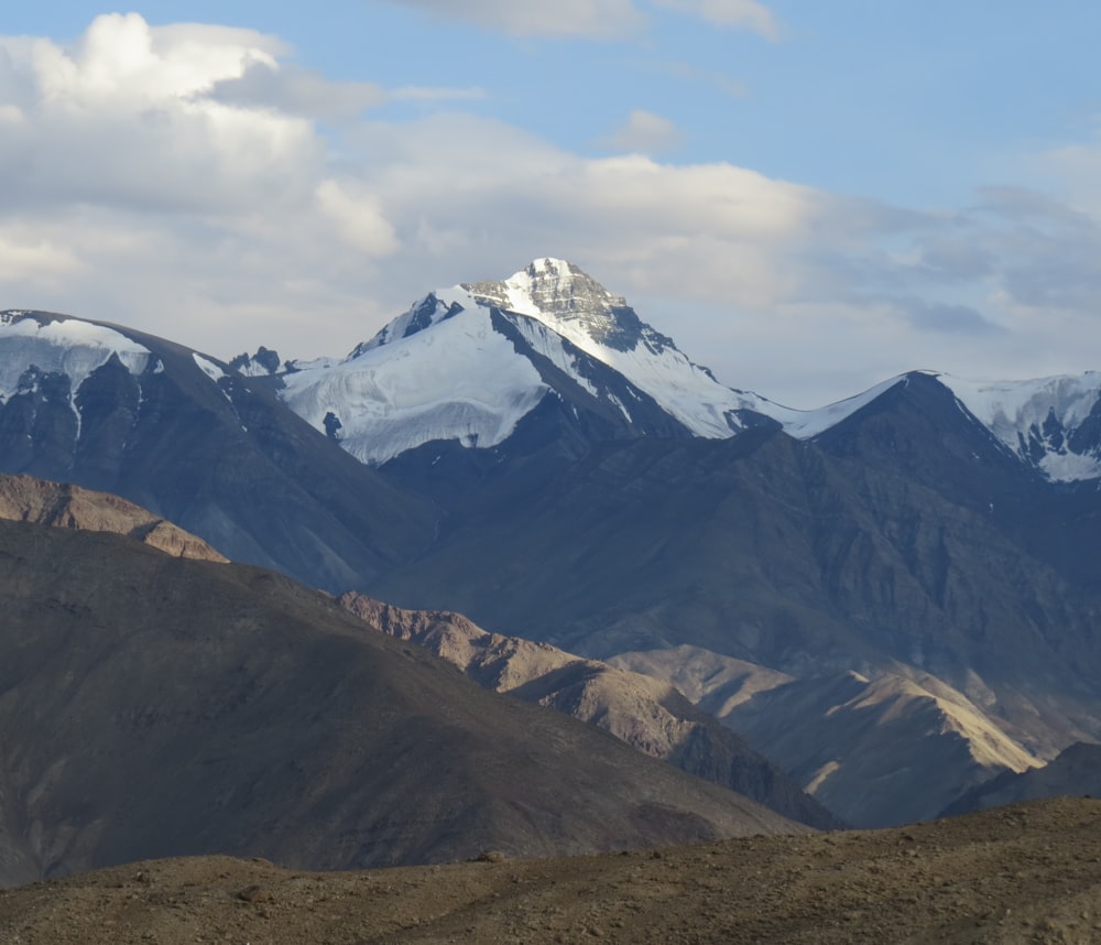 a mountain range with snow capped mountains in the background