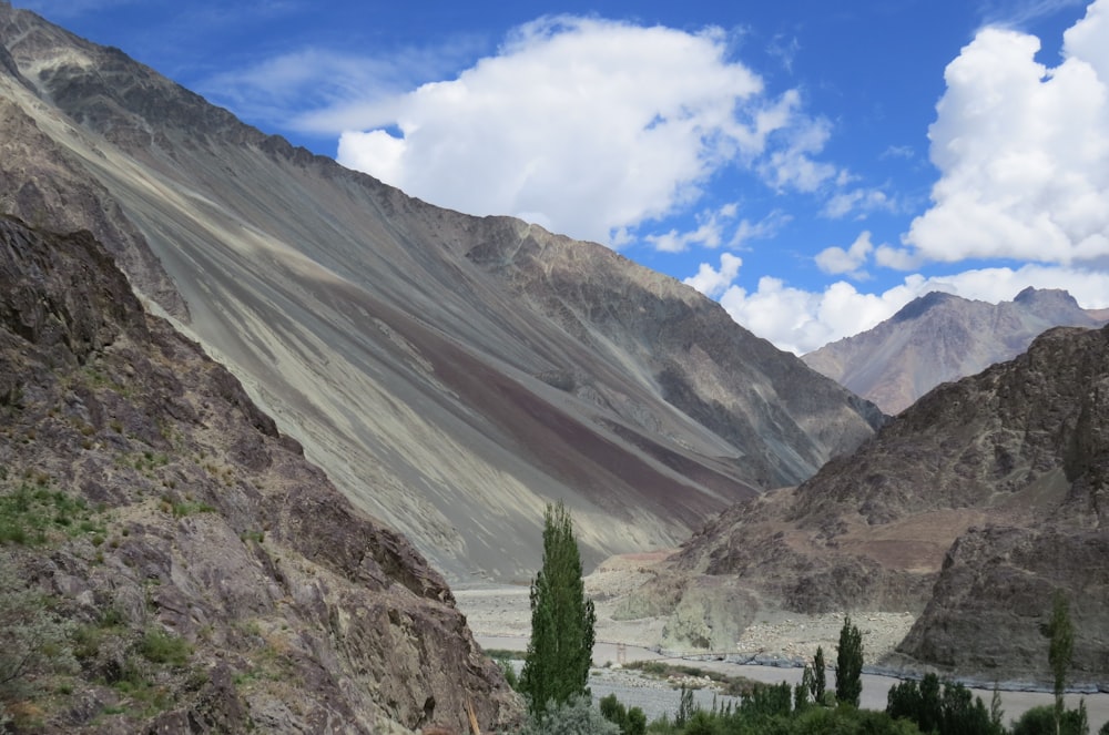 a view of a valley with mountains in the background