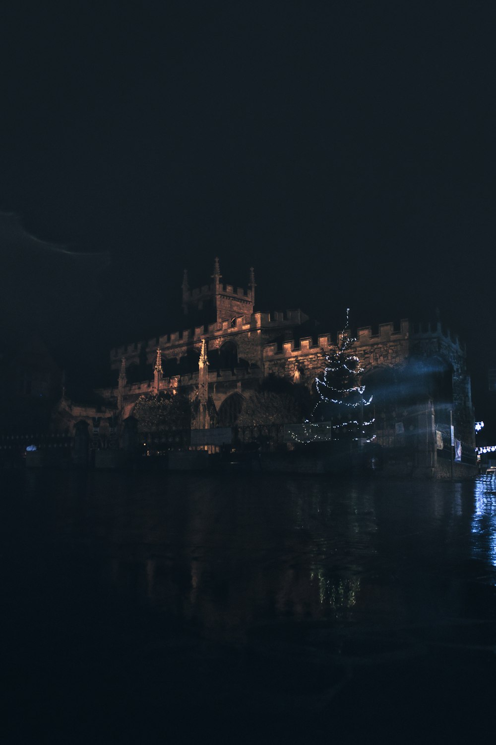 Eine nachts beleuchtete Burg mit Lichtern, die sich im Wasser spiegeln