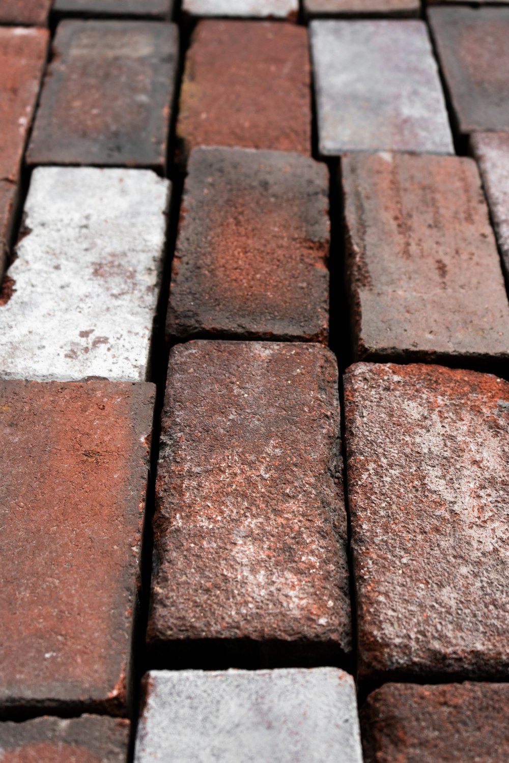 a close up of a red brick sidewalk