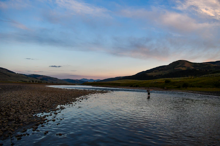 An angler wading a meadow run at dusk, the low-light window when flush-floating ant takes turn quiet and deliberate