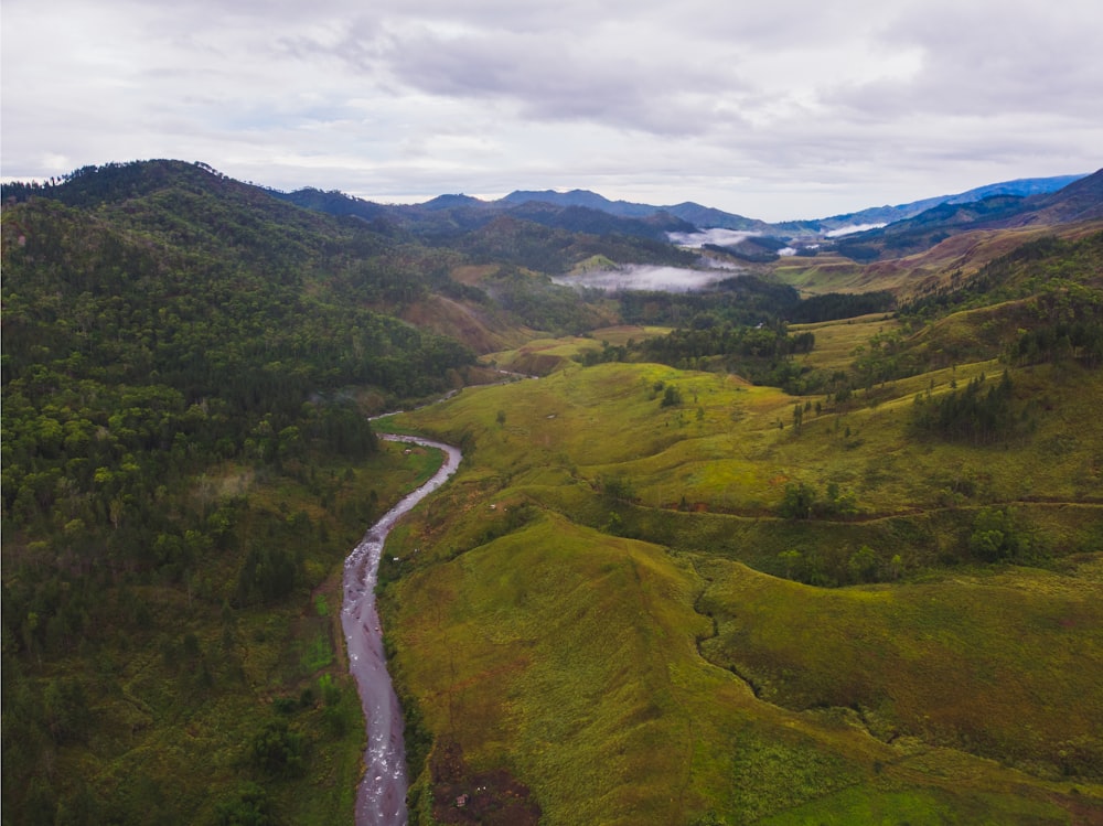 an aerial view of a river running through a lush green valley