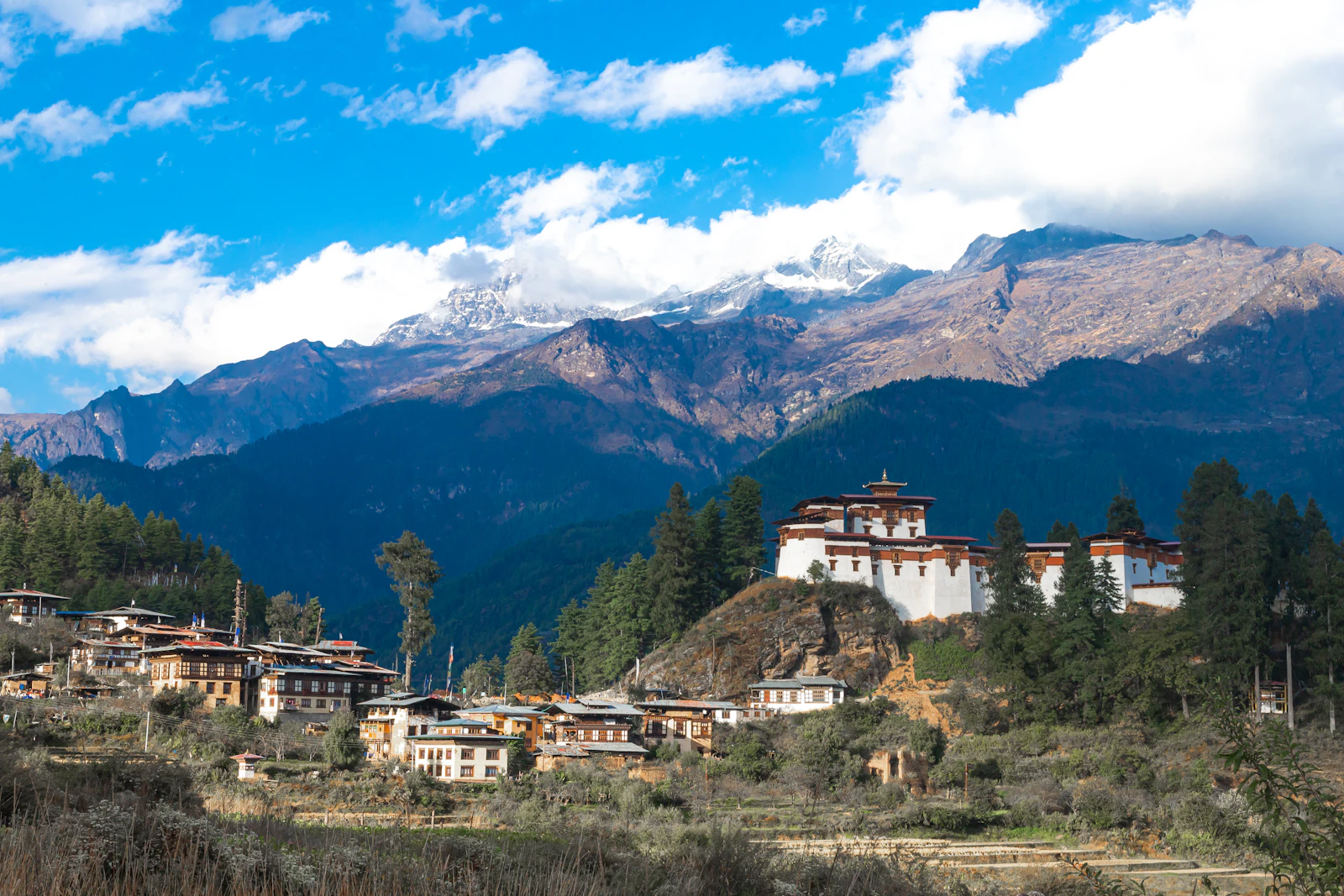 Drukgyel Dzong on its rocky spur above village houses at the head of the Paro valley, snow peaks rising behind