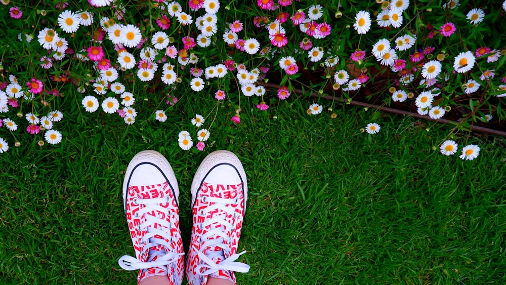 a person standing in front of a bunch of flowers