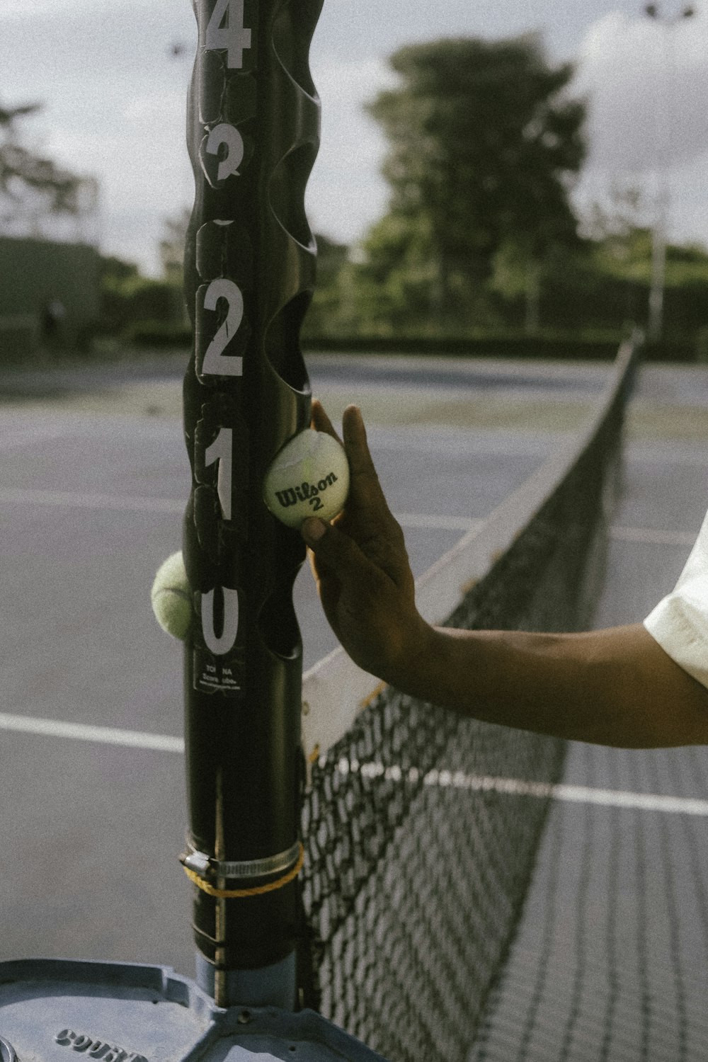 a person holding a tennis ball on a tennis court