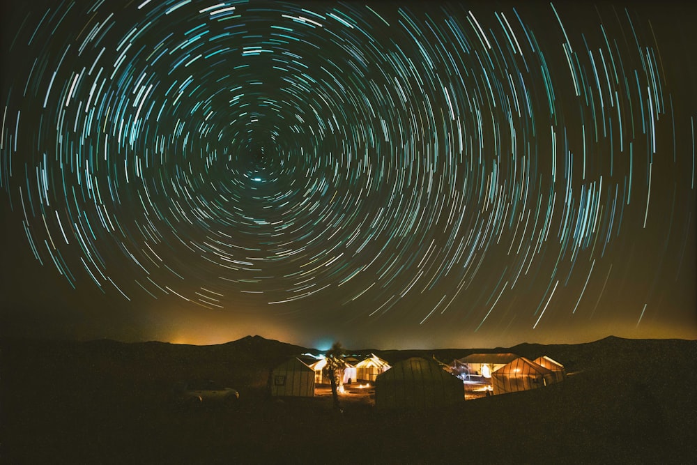 a star trail is seen in the night sky