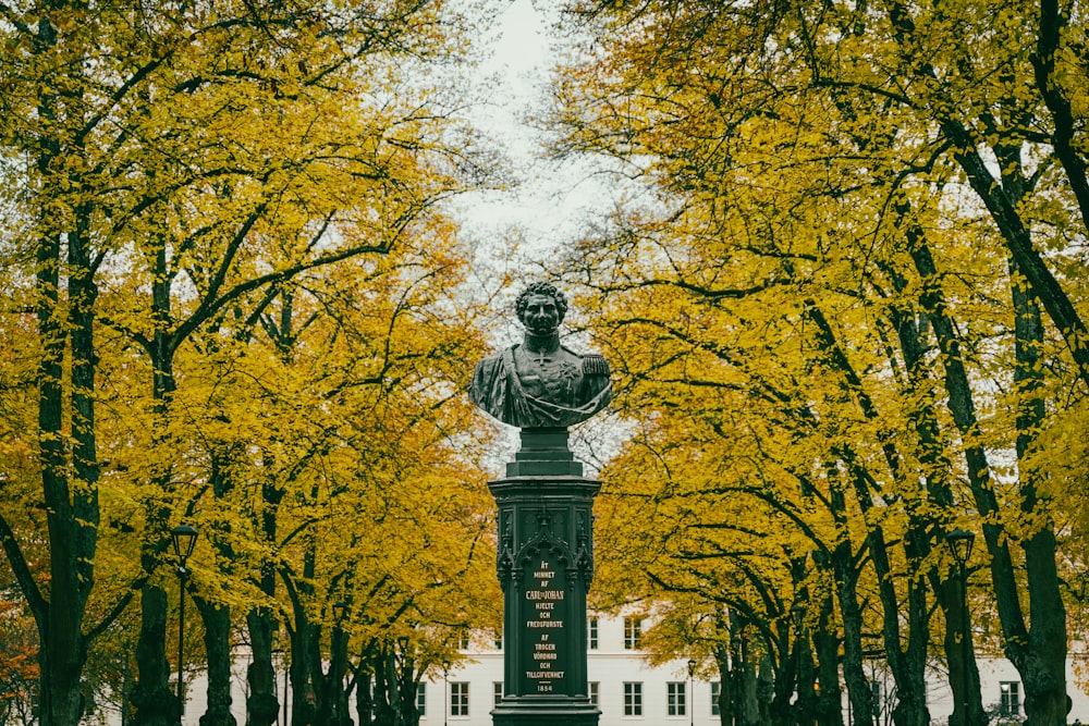 a statue in the middle of a park surrounded by trees