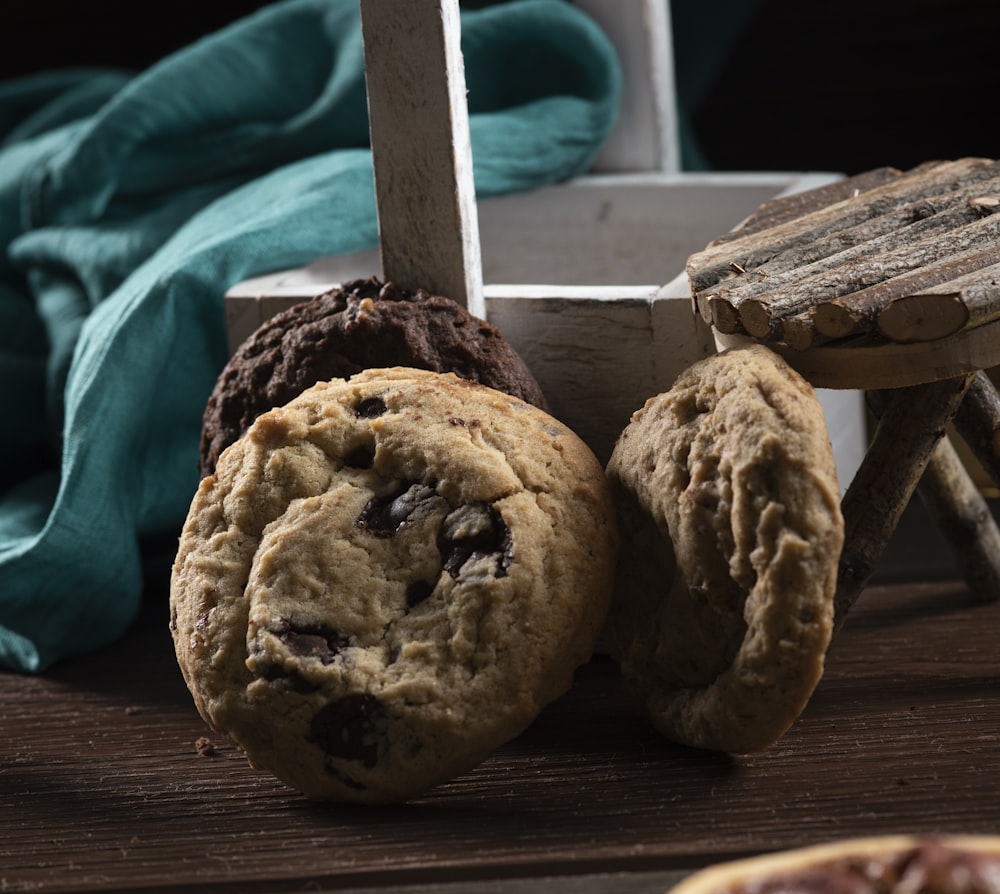 a group of cookies sitting on top of a wooden table