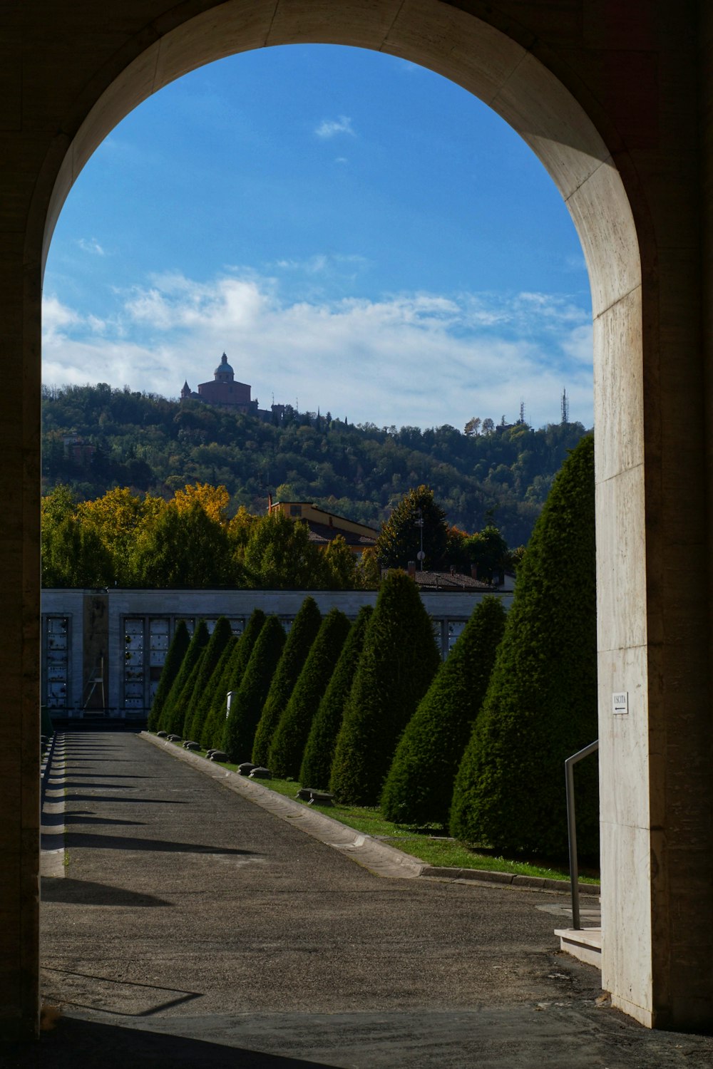 a view of a castle through an archway