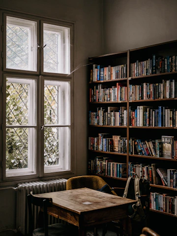 A cozy study corner with shelves full of books and a student reading attentively.