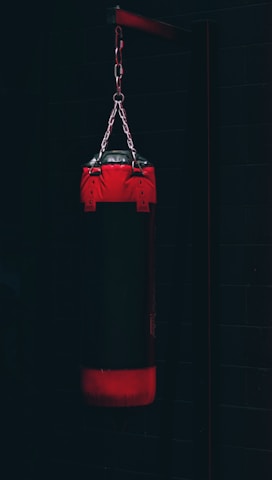 A professional boxing bag hanging in a training area.