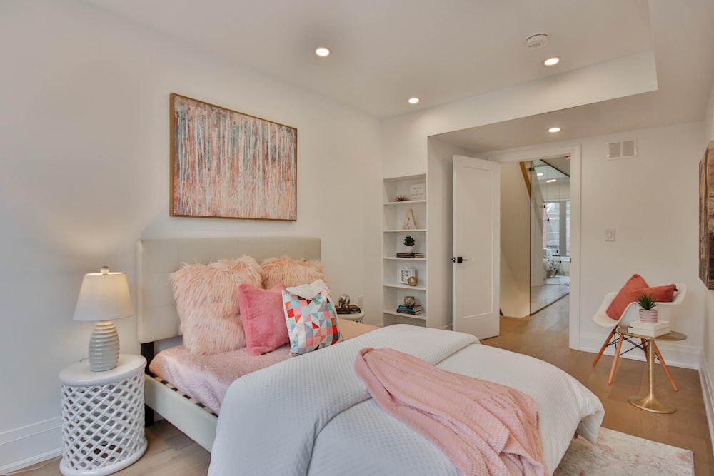 a bedroom with white walls and a large bed