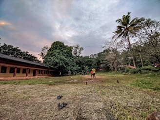 A group of people playing gateball on a sunny outdoor field.