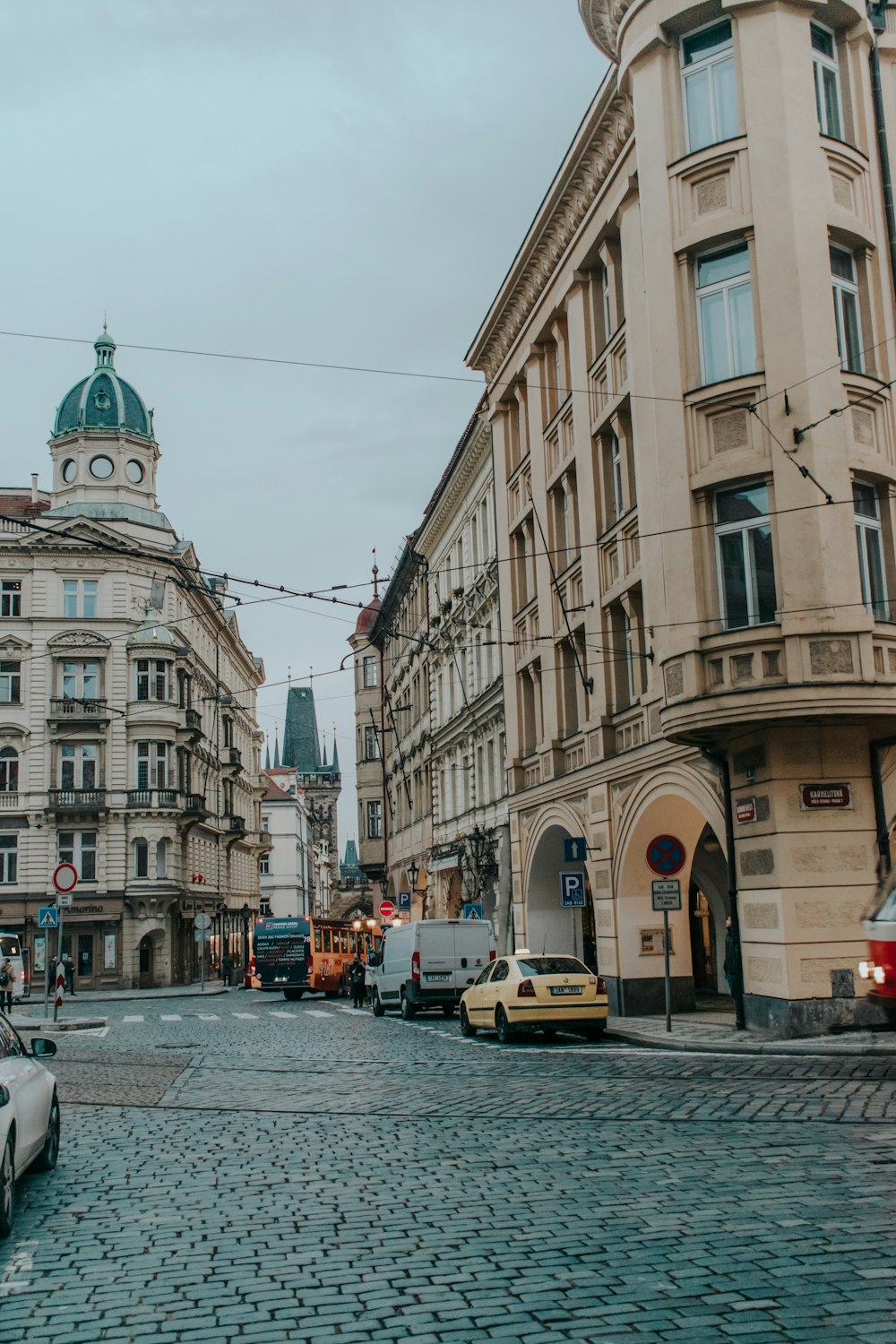 a cobblestone street in a european city