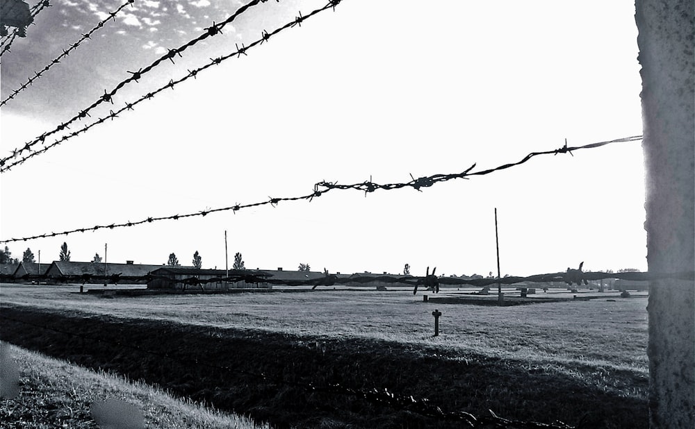 a black and white photo of a barbed wire fence