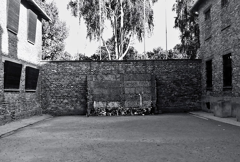 a black and white photo of a brick wall