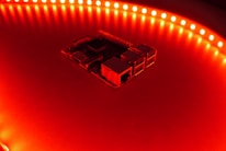 Close-up of a quantum processor chip glowing with blue light.