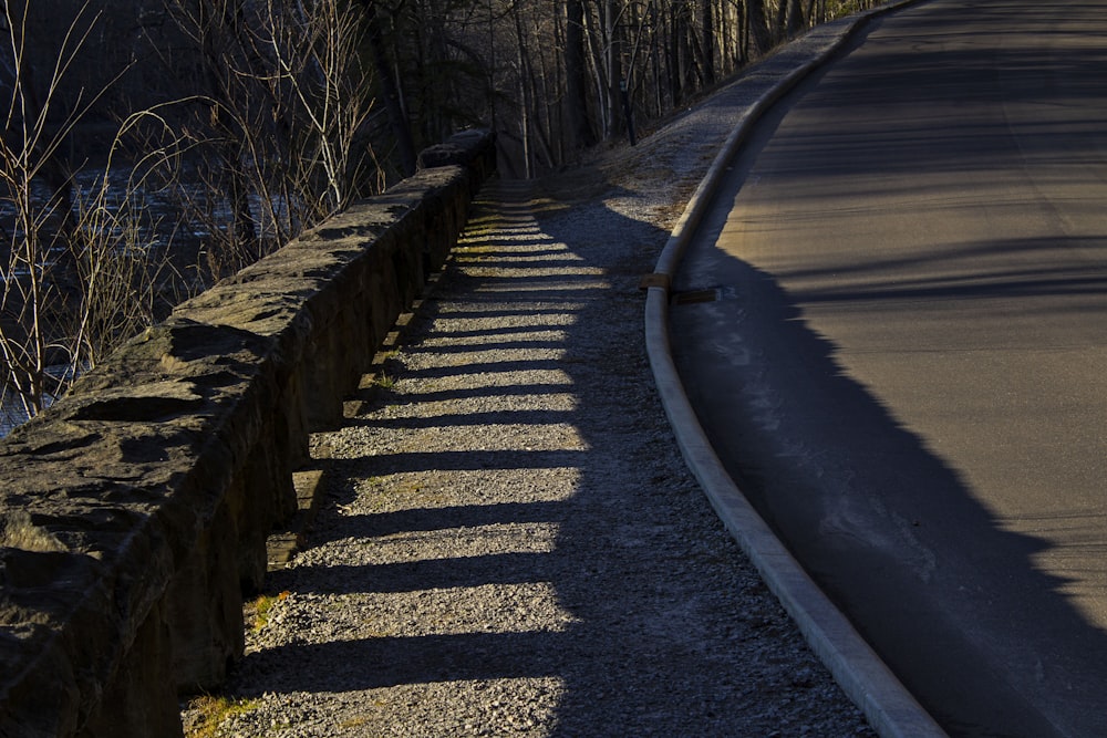 une route courbe avec une ligne d’arbres en arrière-plan