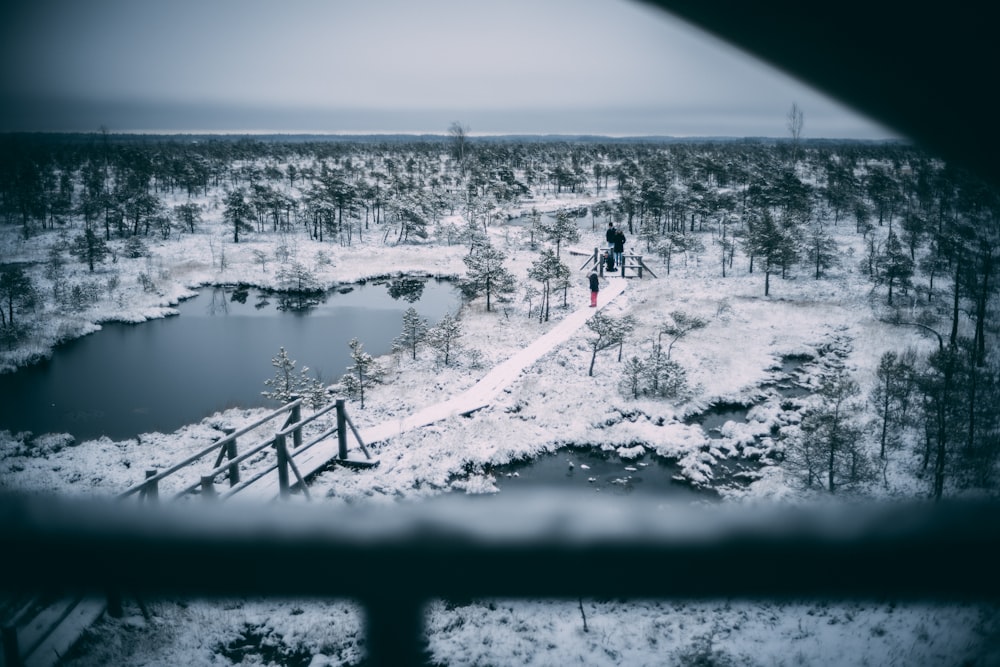 a person walking across a bridge over a snow covered forest