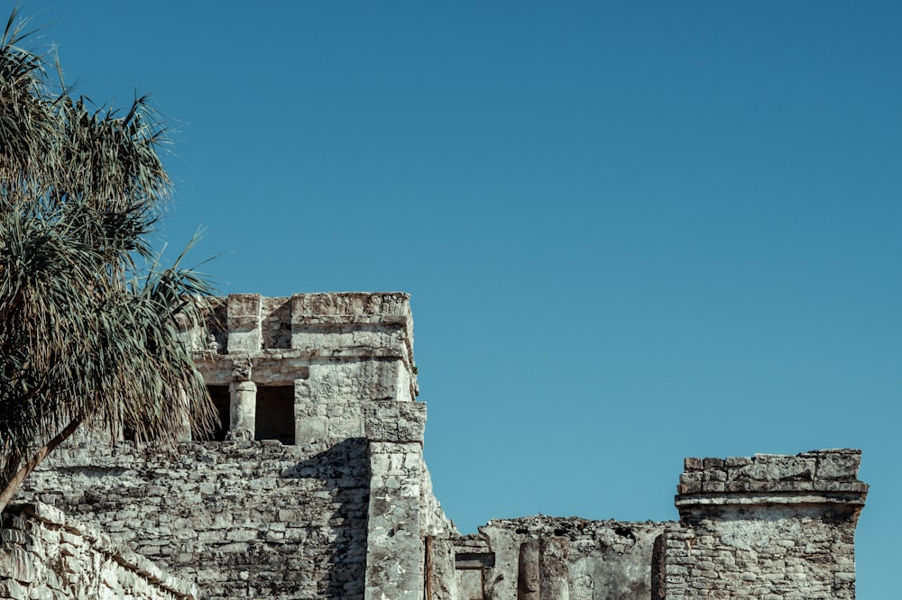 an old stone building with a palm tree in front of it