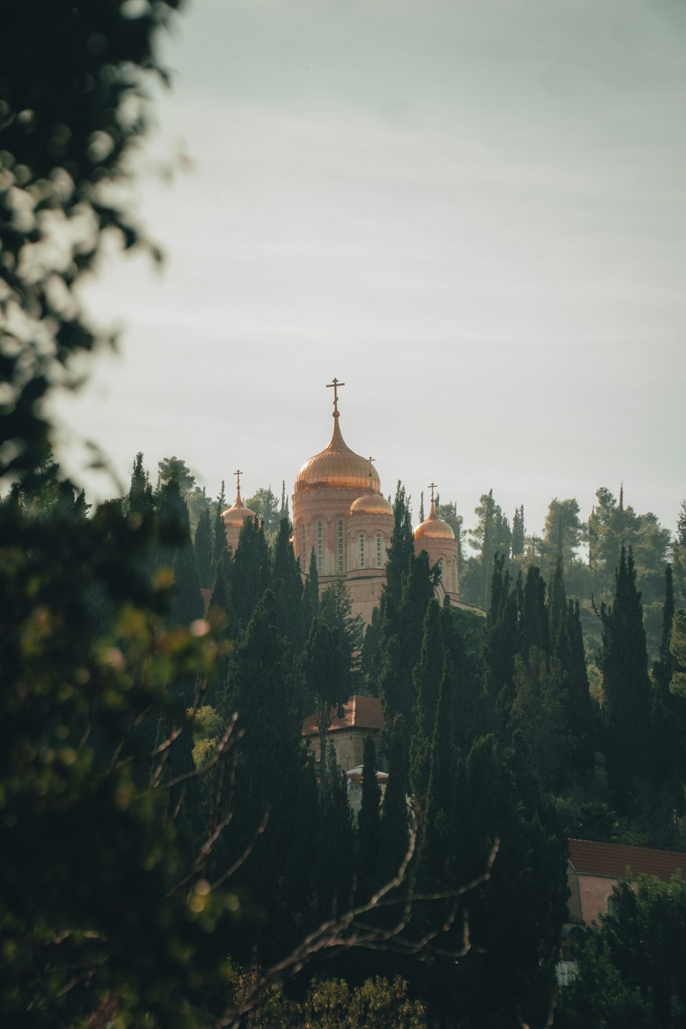 a church with a cross on top of it surrounded by trees