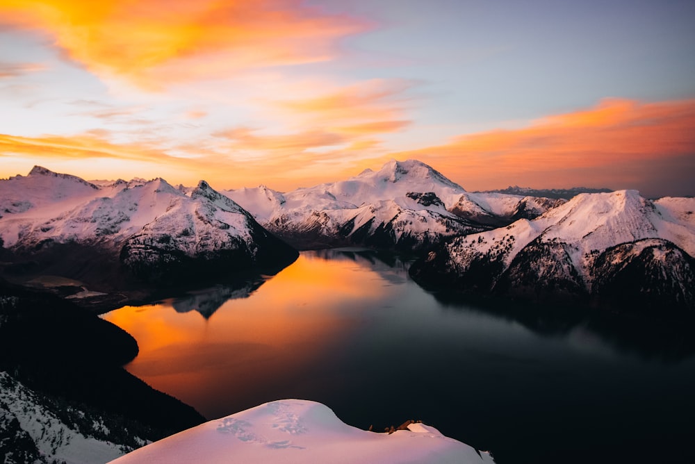 a lake surrounded by snow covered mountains under a cloudy sky