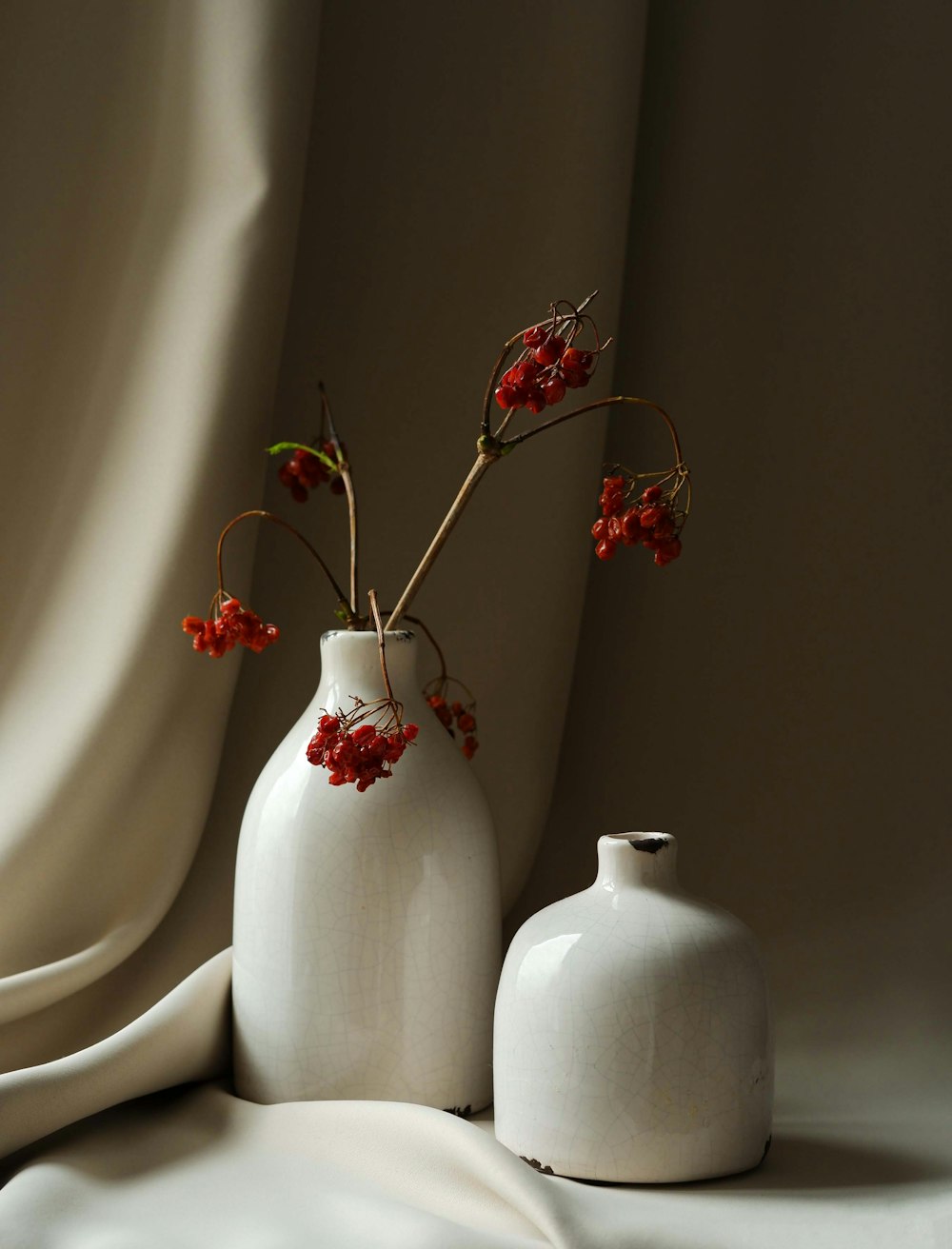 zwei weiße Vasen mit roten Blumen darin