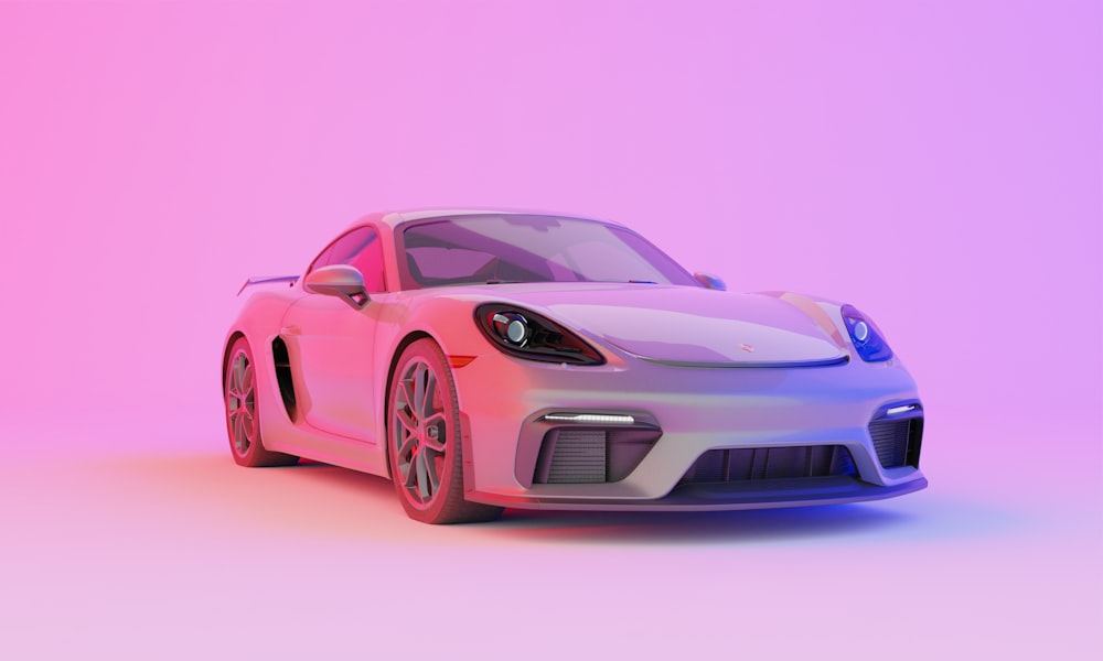 a white sports car on a pink and purple background