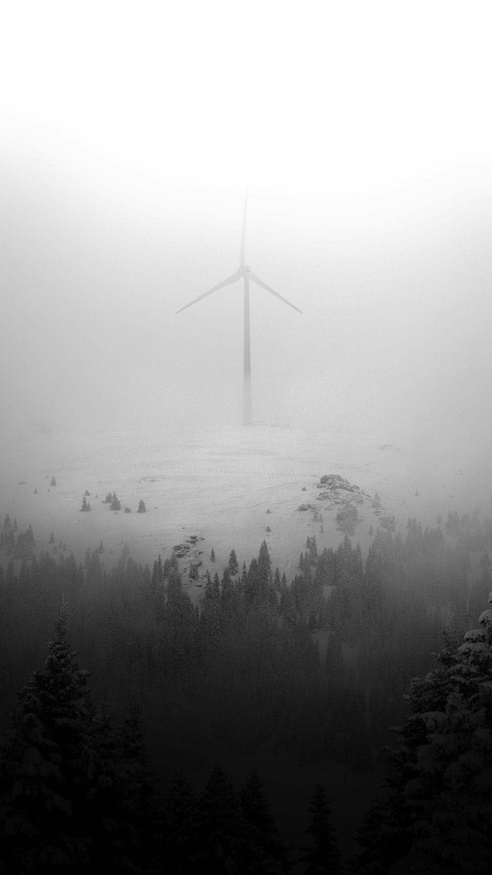 a wind farm in the middle of a foggy forest
