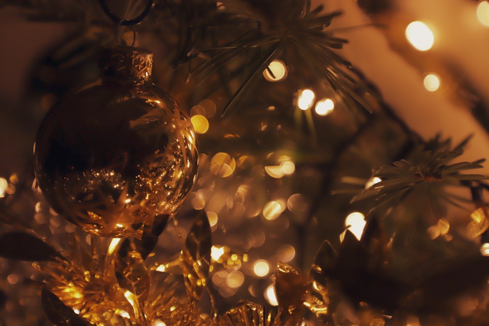 a close up of a christmas ornament on a tree