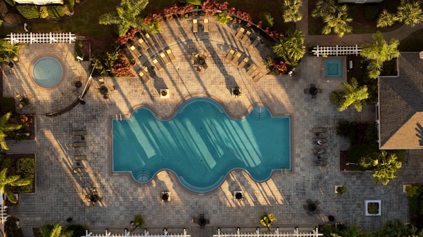 an aerial view of a swimming pool surrounded by palm trees