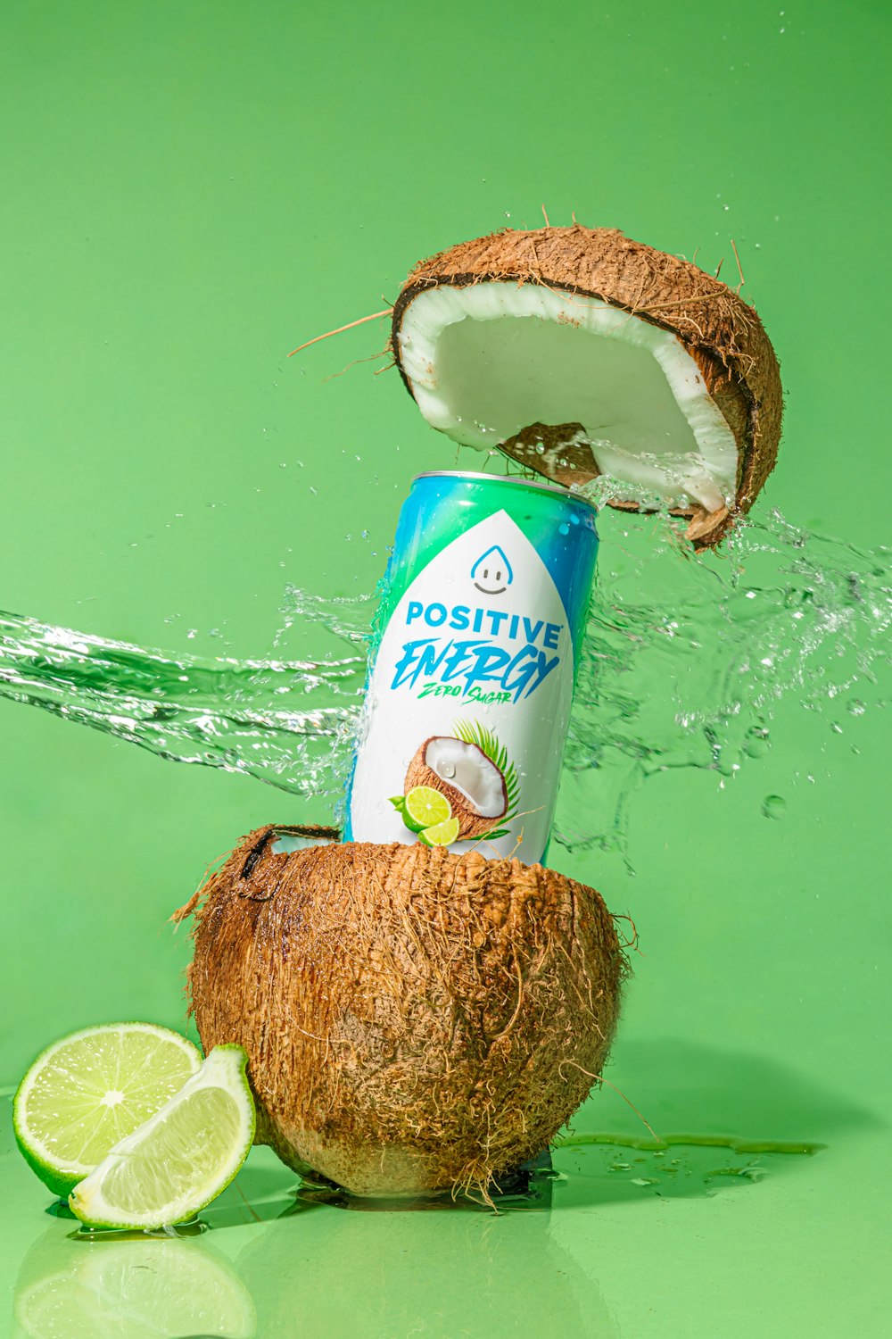 a can of coconut water splashing out of a coconut