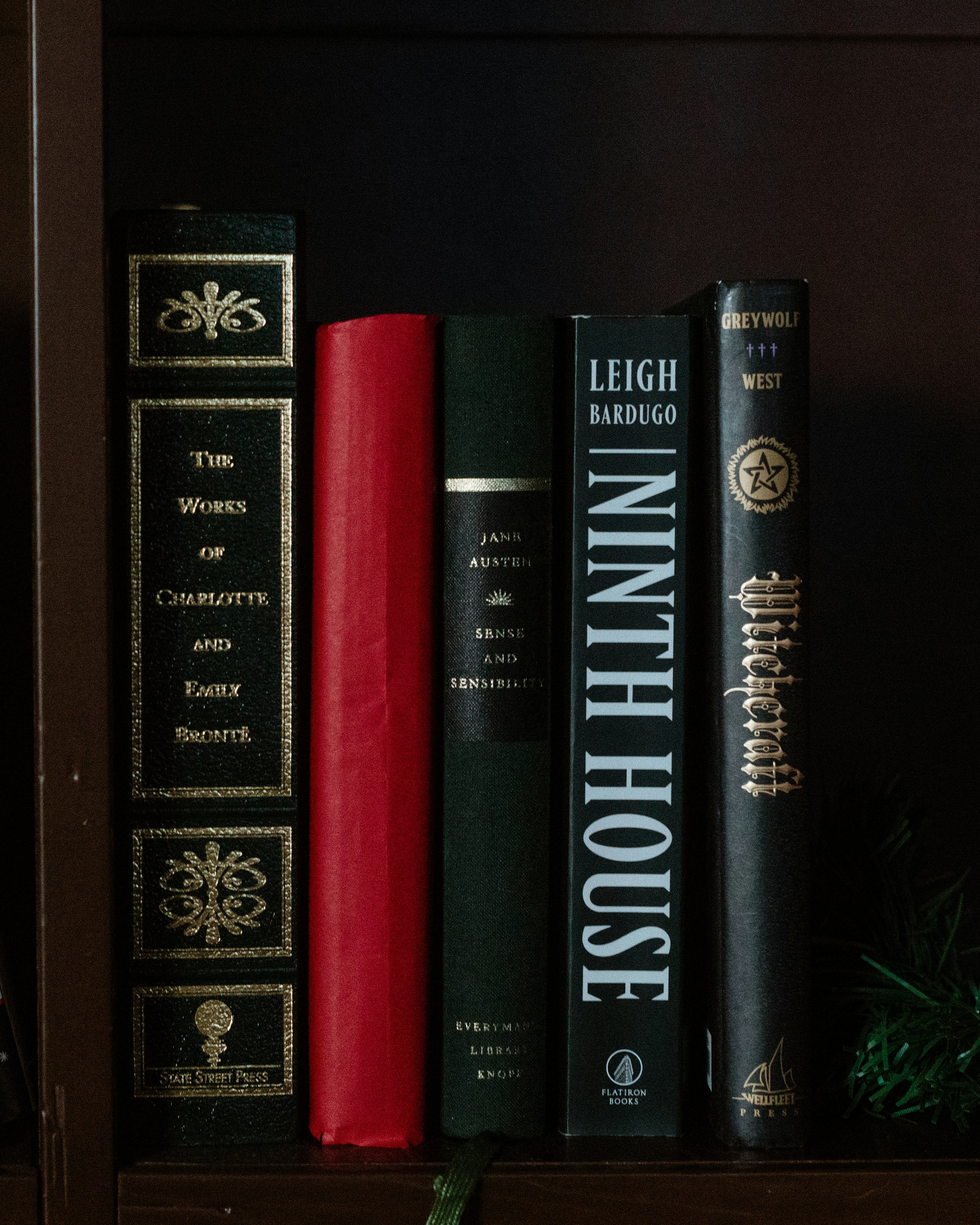 a row of books sitting on top of a wooden shelf