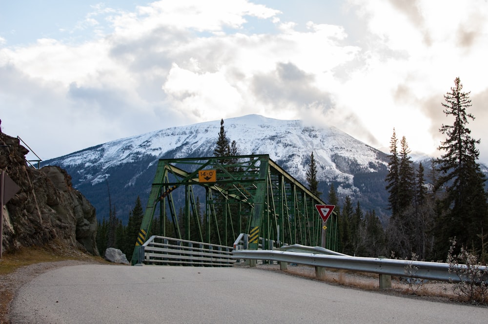 a green bridge with a mountain in the background