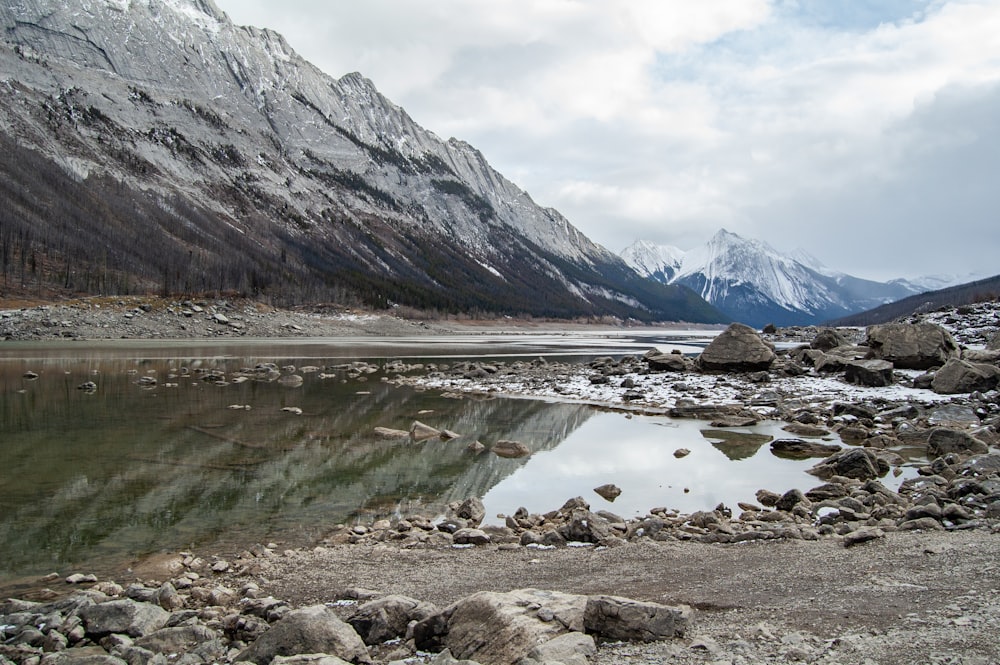 a mountain lake surrounded by rocks and snow